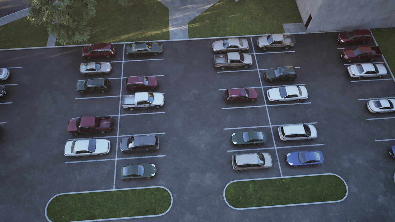 Vista aérea de um estacionamento organizado com vários veículos durante o dia