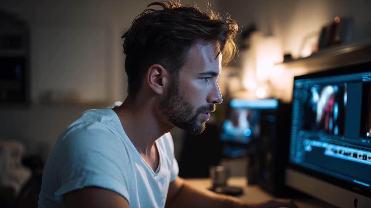 Man sits before monitor, focused on editing. Light from screen glows softly against dark room. His gaze remains steady, immersed in work. Serious concentration, quiet dedication, deep focus