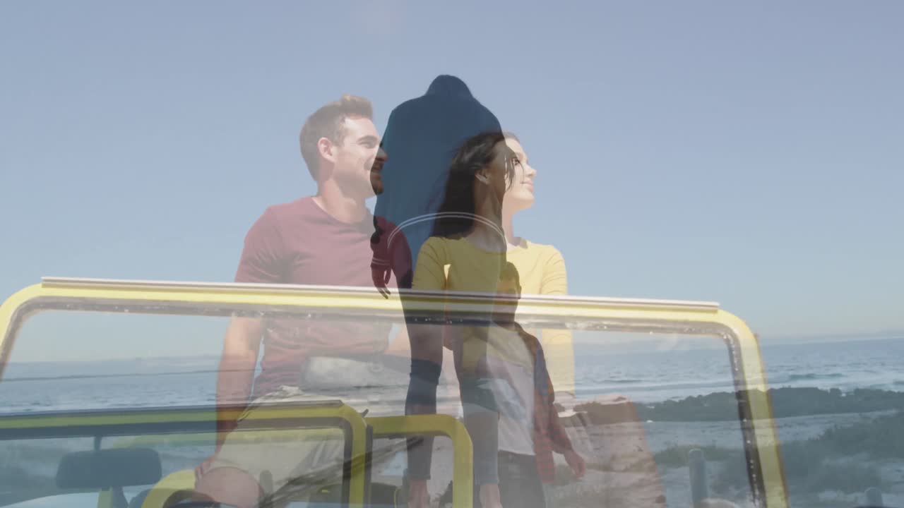 animación de una feliz pareja caucásica en un coche sobre el paisaje urbano