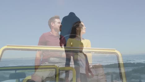 animation of happy caucasian couple in car over cityscape