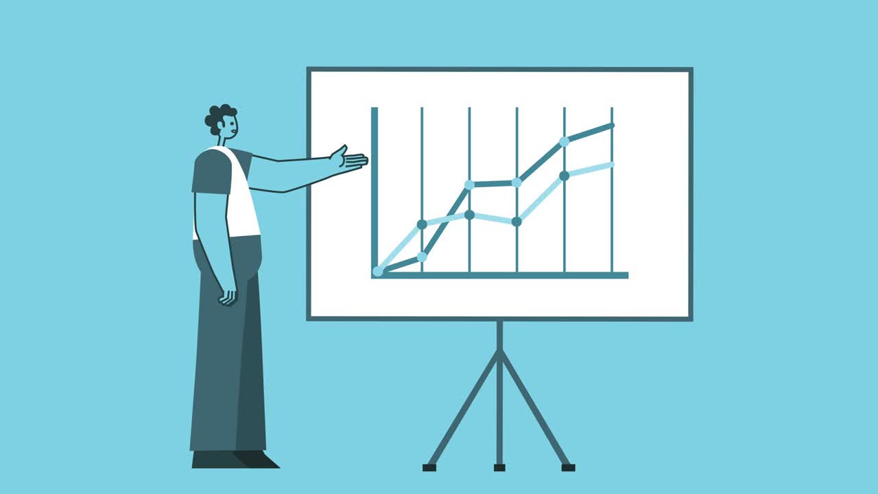 Graphic Flat Design Bold Man Cartoon Character Talking Near Graph Board Isolated Loop 2d Animation