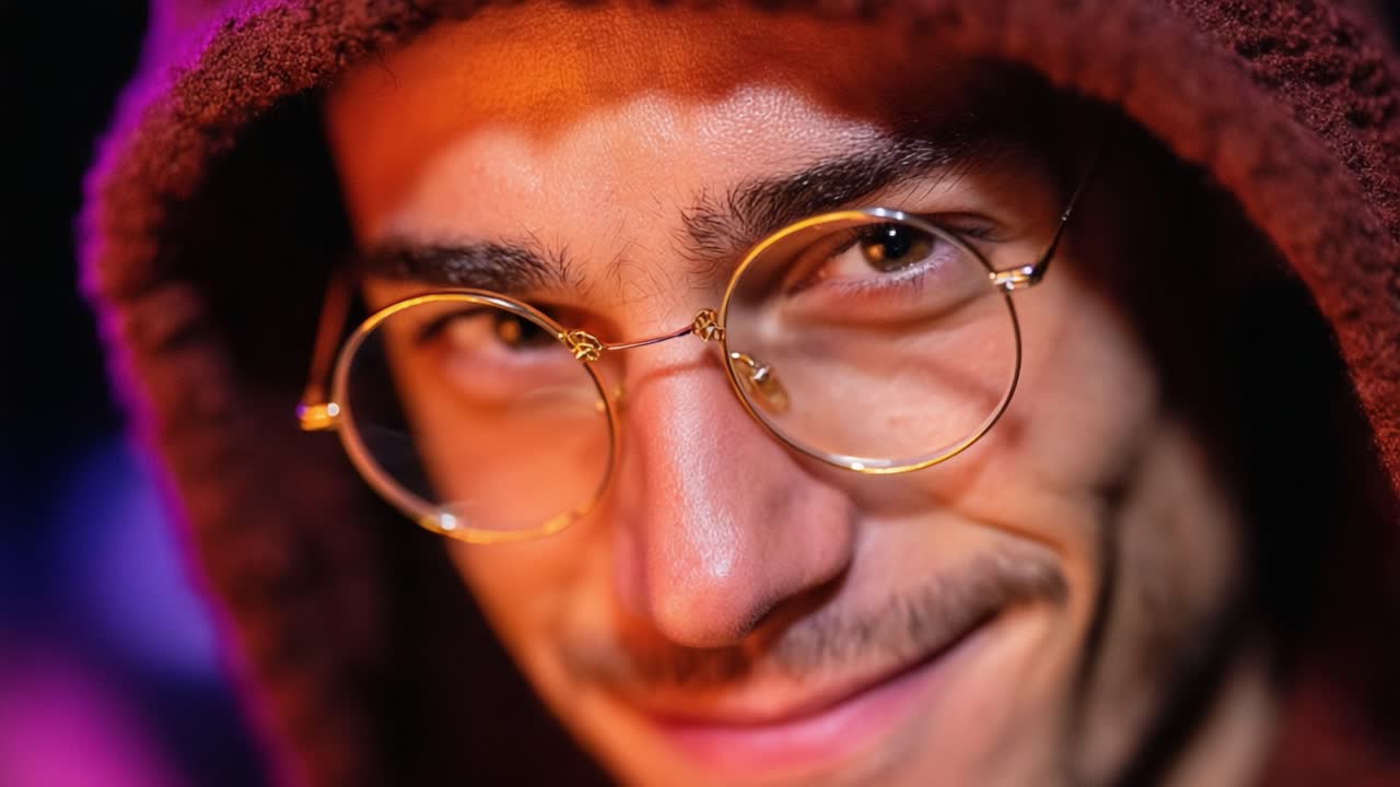 A Mysterious Individual in a Hooded Garment and Glasses Displays a Confident Smirk, Captured in Colorful Lighting That Enhances Their Charismatic Presence