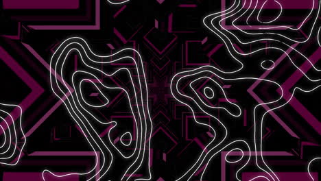 animación de líneas de contorno blancas sobre formas rosadas caleidoscópicas, moviéndose en negro