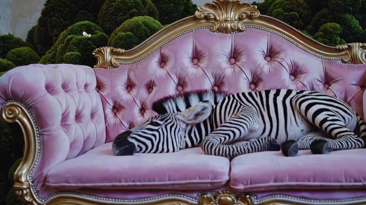 푸른 잎자루에 둘러싸인 화려한 분홍색 소파에 우아하게 누워있는 제브라는 예상치 못한 야생 동물 우아함과 조용한 변덕에 대한 꿈 같은 시각적 내러티브를 만니다.