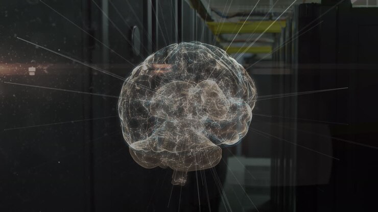 Animation of network of connections and brain over server room
