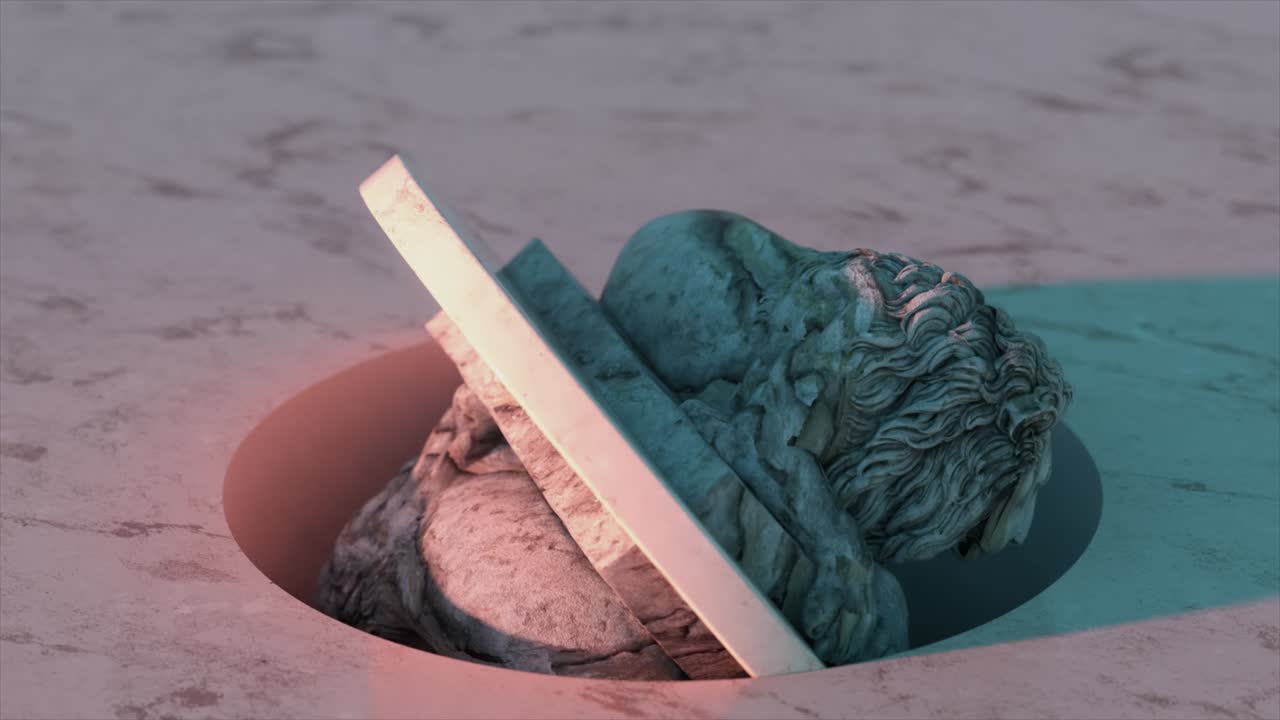 사자의 조각은 플랫폼에서 뒤집어집니다.  대리석. 3d 애니메이션의 무결한 루프.