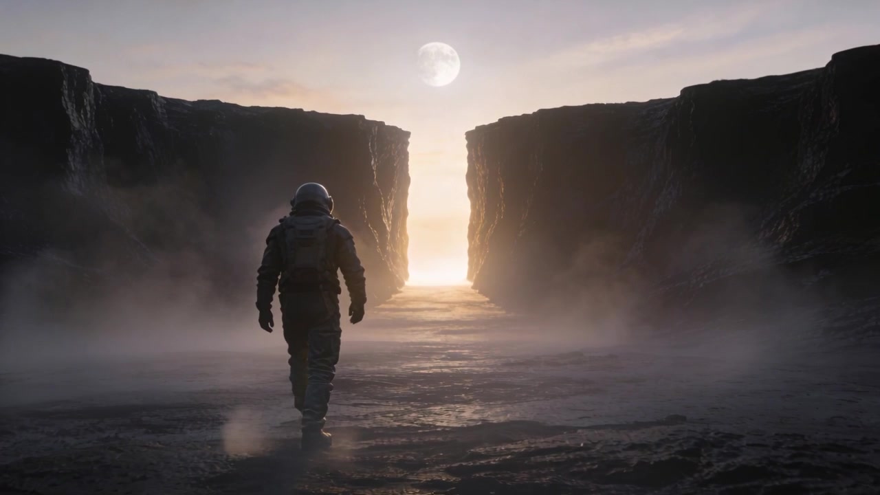 Warm light drawing spacesuit explorer walking across fog plain to split canyon gap, helmet backpack