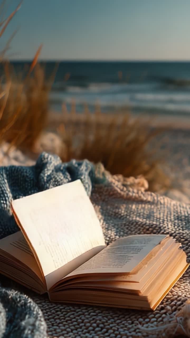 Momento di relax in spiaggia con un libro aperto su una coperta accogliente, che abbraccia la calma delle onde e della luce solare, perfetto per evadere dalla realtà.