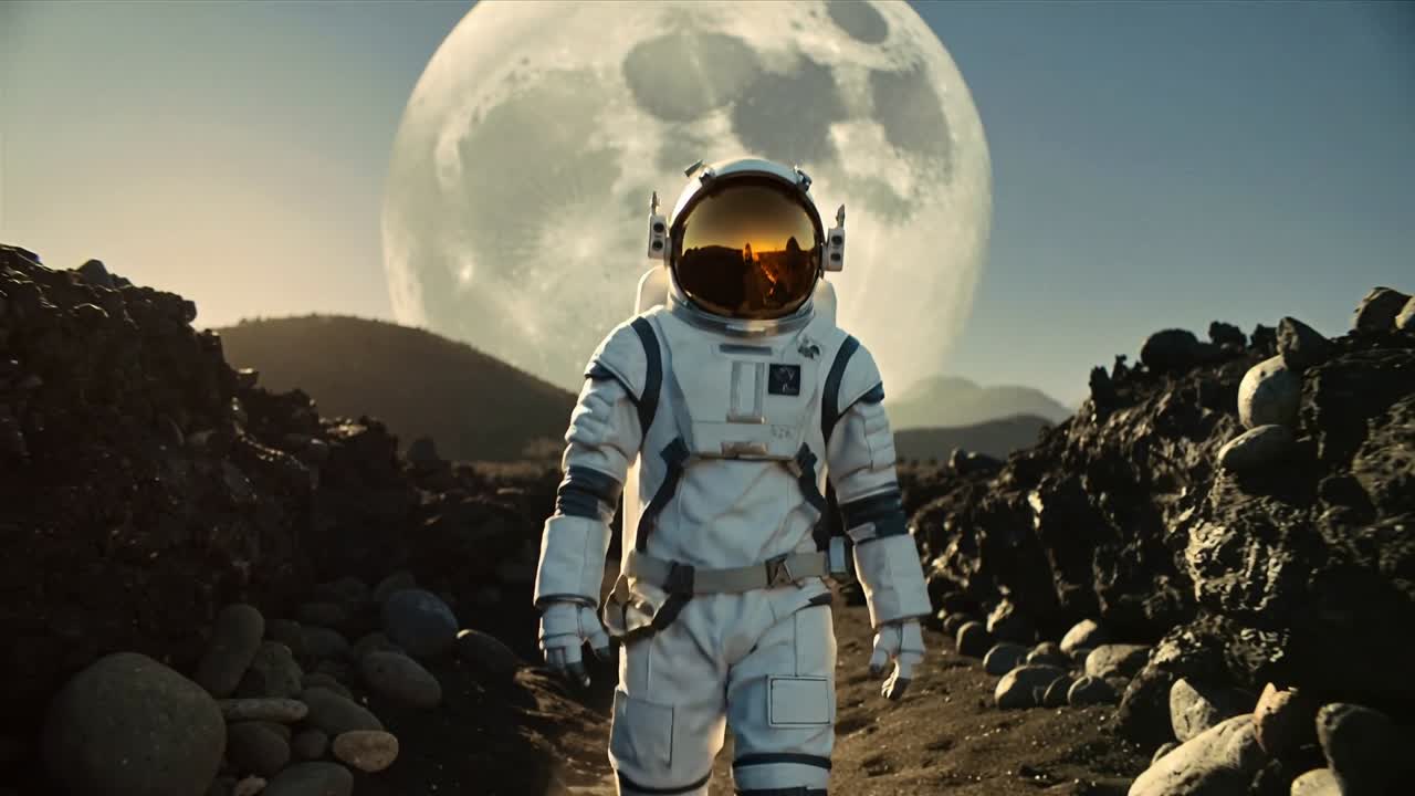 Gående astronaut i trykdragt nærmer sig kameraet på en sti under fuldmåne på vej mod besætningen.