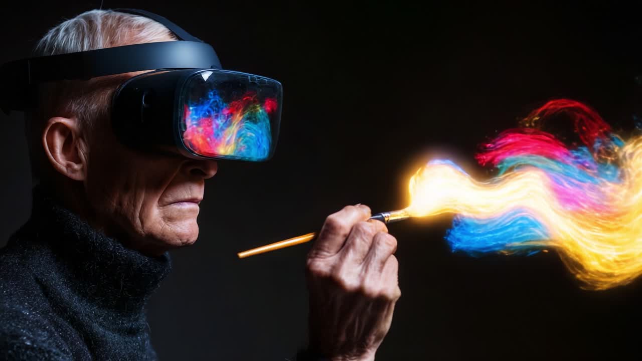 An Elderly Artist Engaging with Virtual Reality to Create Stunning Digital Art, Merging Technology and Creativity Through Vibrant Colors and Dynamic Imagery
