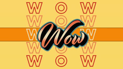 Animation-of-orange-wow-text-repeating-over-orange-stripe-on-yellow-background
