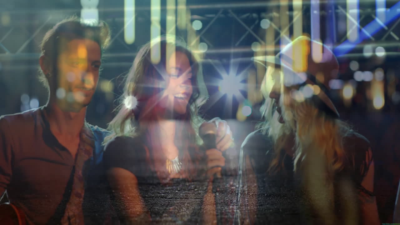 Band members performing music on concert stage, with animated microphone icon and spotlight graphs