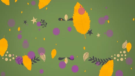 Animation-of-autumn-leaves-and-pattern-on-green-background