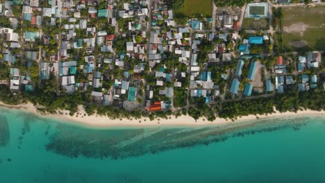 una toma aérea de una aldea costera tropical con una línea de árboles a lo largo de la playa