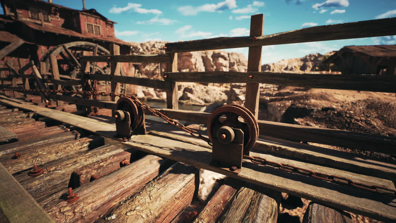 Wooden structure with pulleys in an old mining area by day