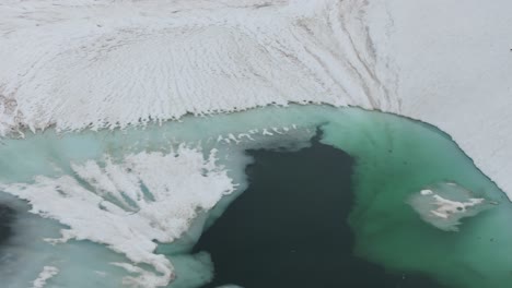 aerial drone forward view over frozen totensee or titinsee lake in winter season with ice and snow, switzerland