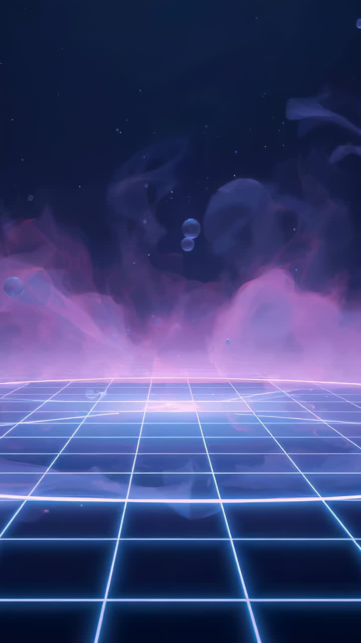 Video verticale: griglia al neon ad anello che si illumina mentre sfere in ascesa e foschia fluttuano su un loop di sfondo retrò
