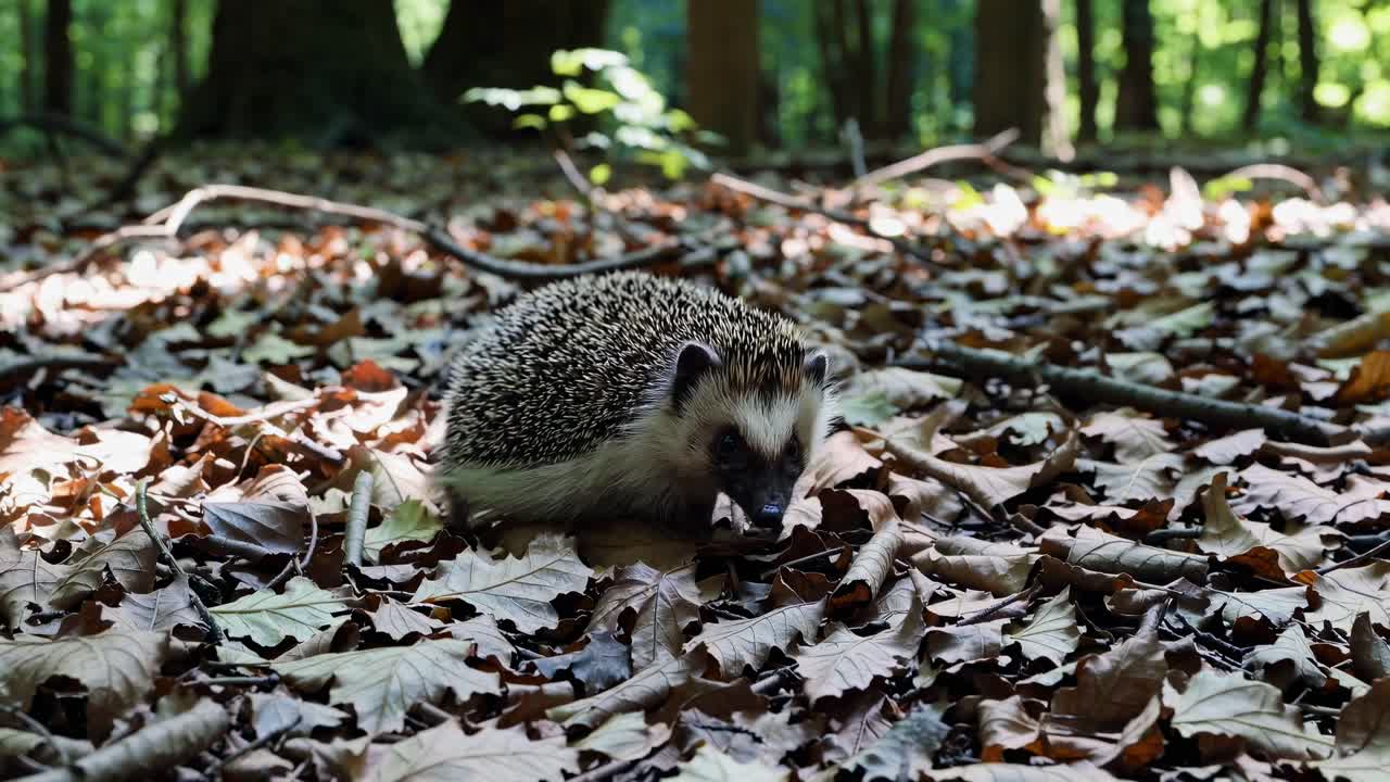 A close-up video of a hedgehog in a forest, captured at ground level