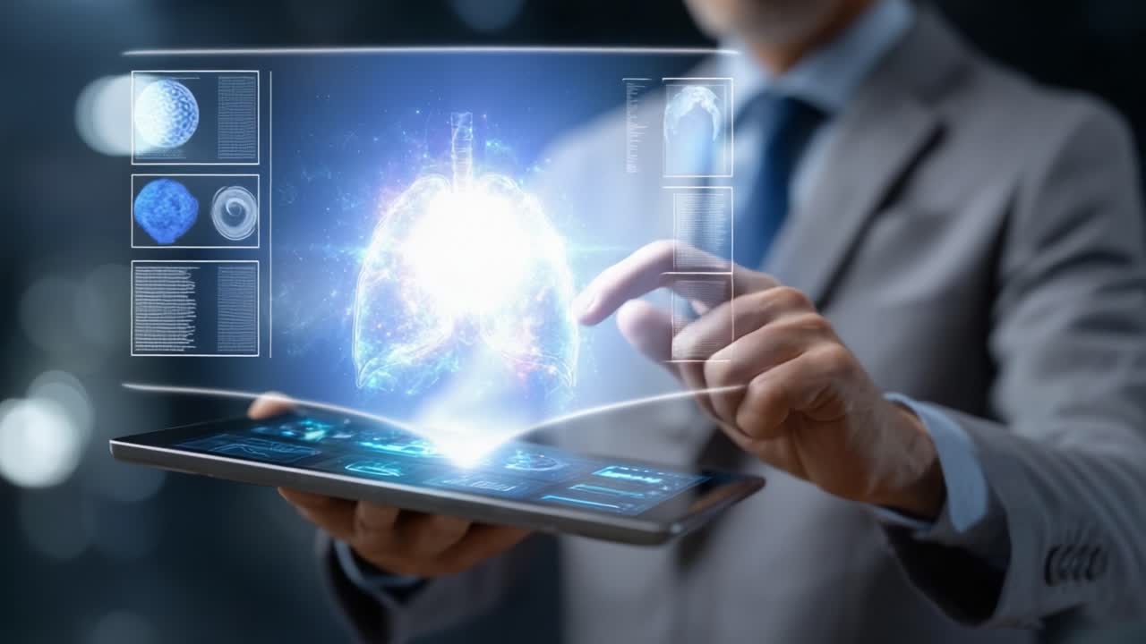 Innovative Technology Demonstrating Virtual Respiratory Analysis: A Professional in a Suit Interacting with a Holographic Representation of Lungs on a Digital Device