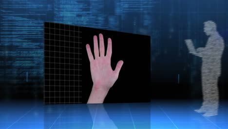 Screens-showing-eye-and-hand-identification-on-futuristic-interface