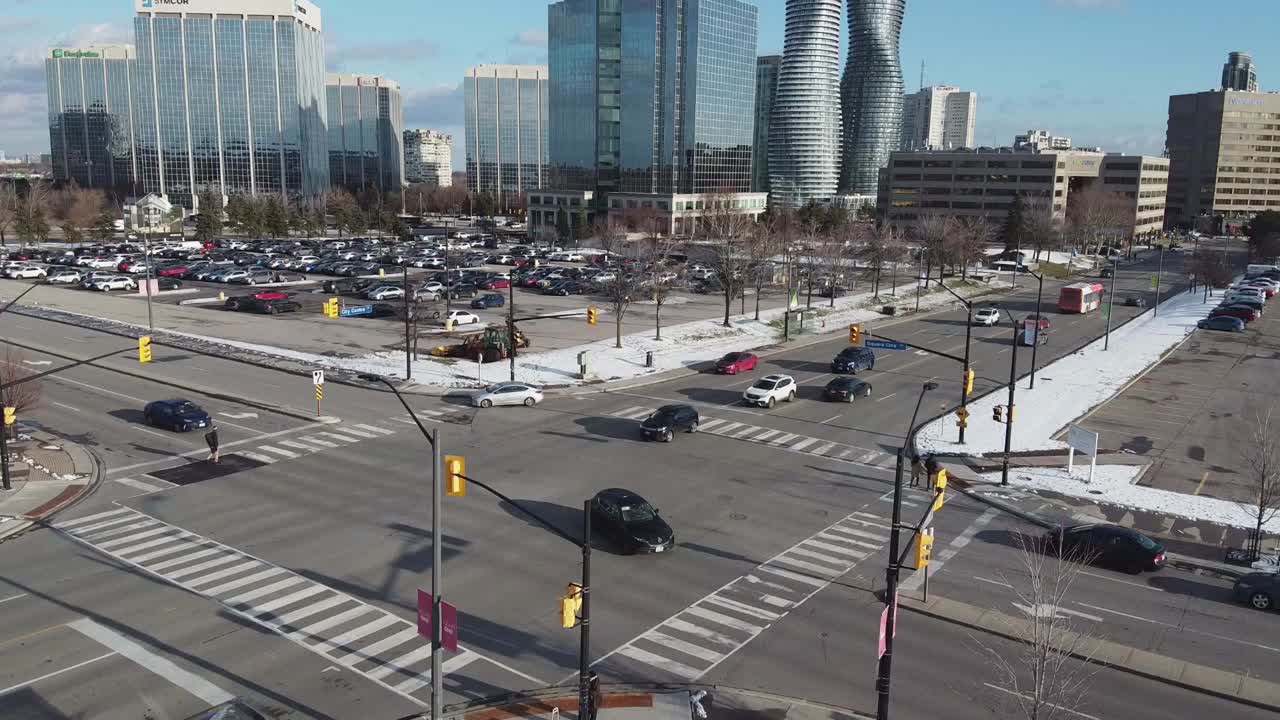 Aerial View of City Intersection in Winter