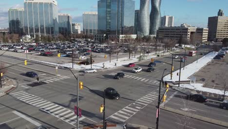aerial view of city intersection in winter