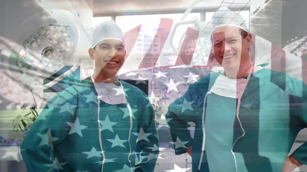 얼굴 마스크를 쓴 외과 의사 들 위 에 흔들리는 미국 국기 의 애니메이션