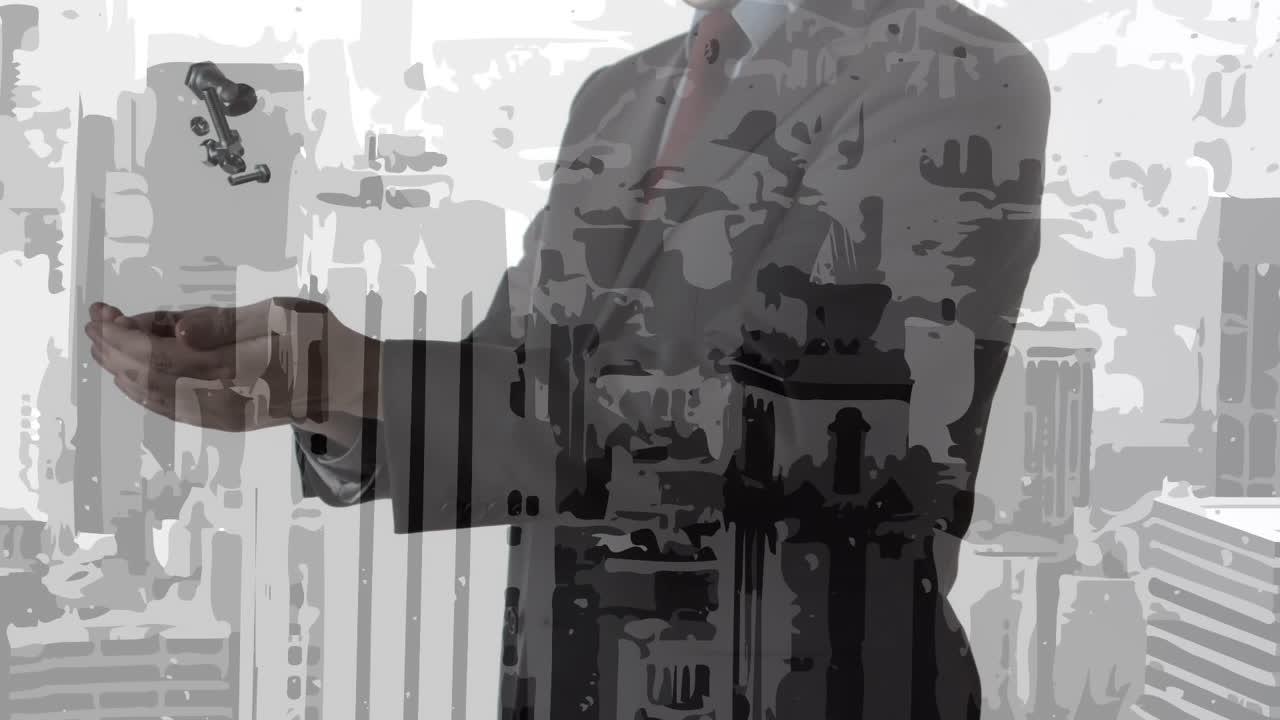 анимация современных городских зданий над бизнесменом, бросающим и ловящим гайки и болты