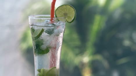 glass with frozen mojito and red straw stands against palms