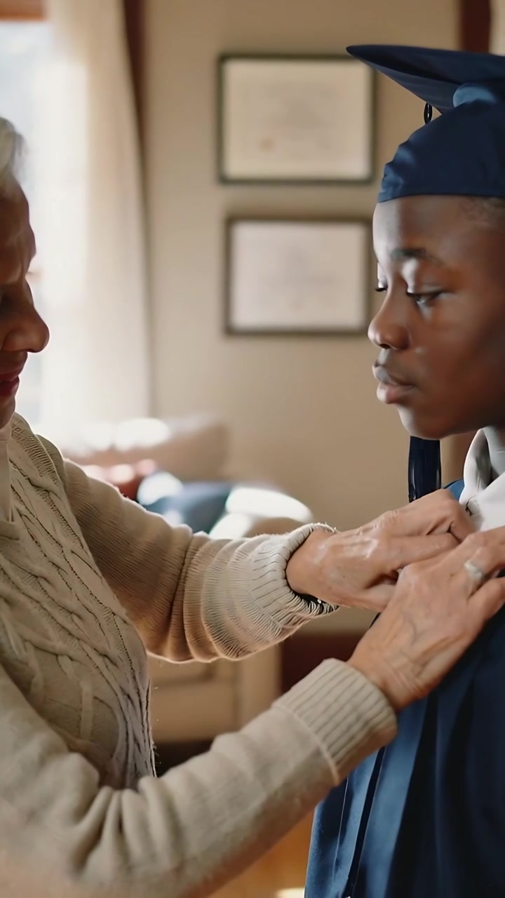Vertical video: Preparing for grad grandma in sweater adjusting grandson's gown at home fixing cap