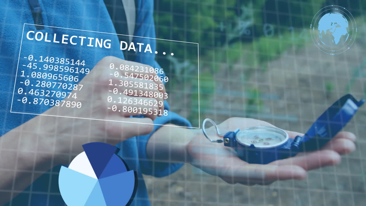 Animation of statistics, data processing, globe over caucasian woman holding compass