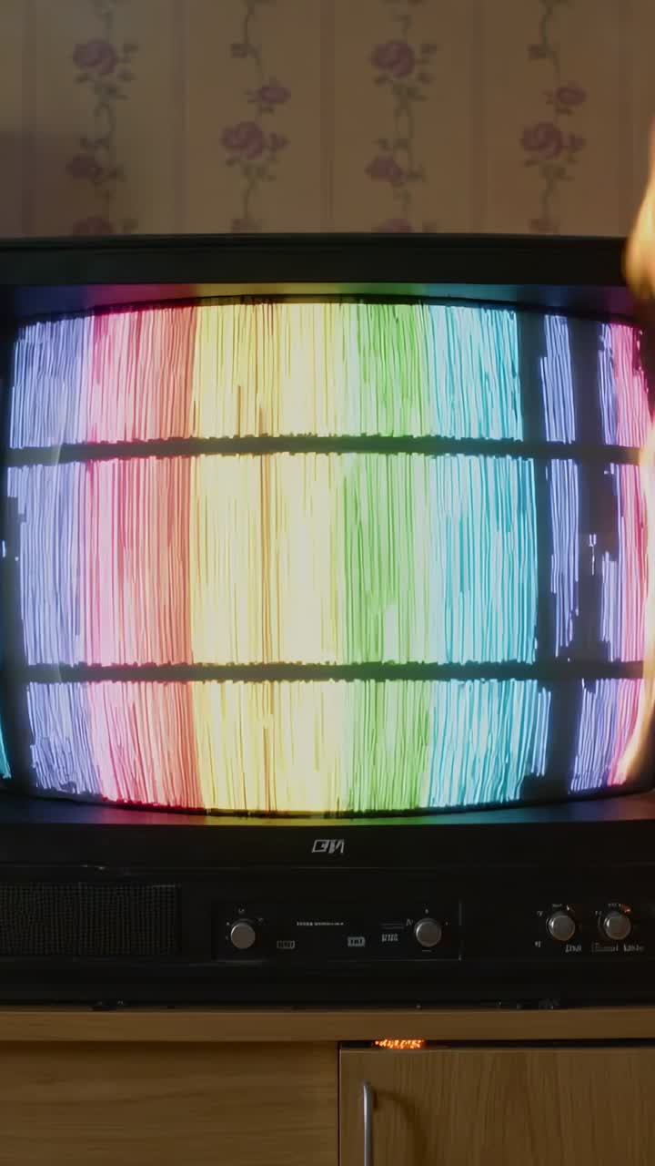 Video verticale: visualizzazione di un televisore CRT in casa con linee arcobaleno che si restringono verso l'interno sull'elemento cabinet
