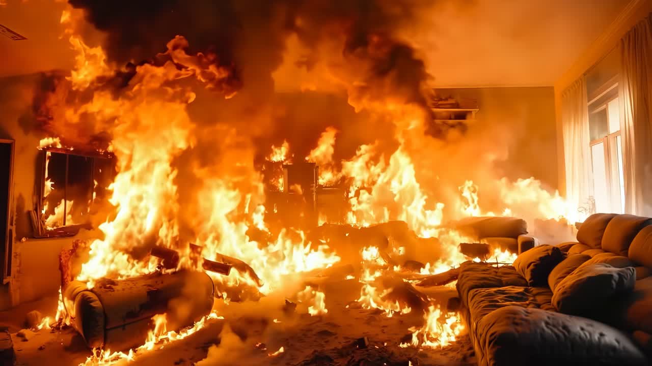 불타는 가구로 가득 찬 거실