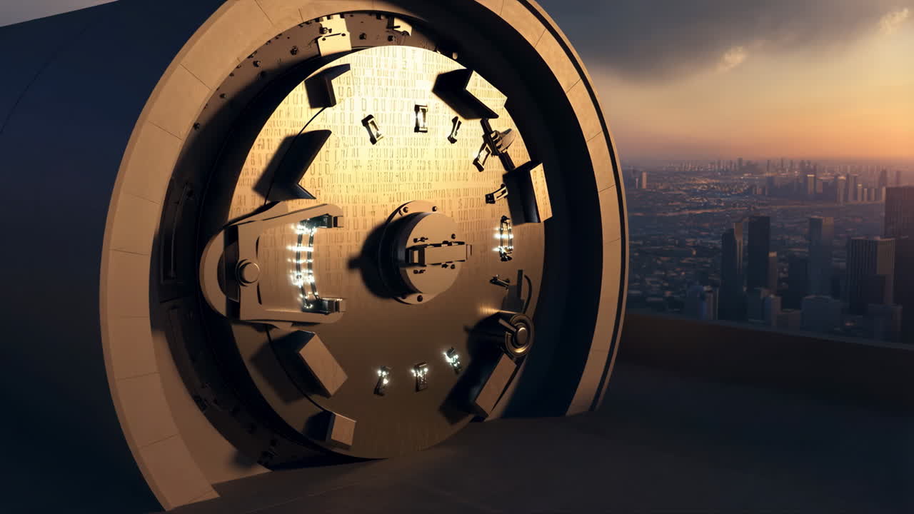 High-Tech Vault Door Overlooking a City Skyline at Sunset