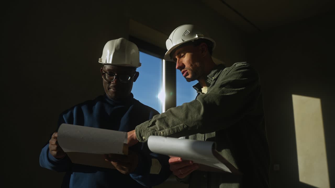 Construction workers review plans on a building site