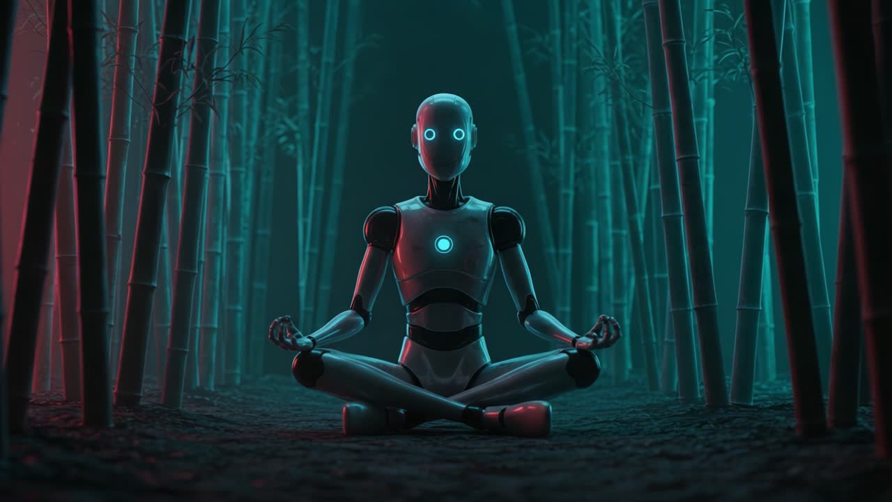 Un personaggio robotico sereno in posa meditativa, circondato da una tranquilla foresta di bambù, illuminato da una luce soffusa che ne esalta il design futuristico e l'atmosfera rilassante