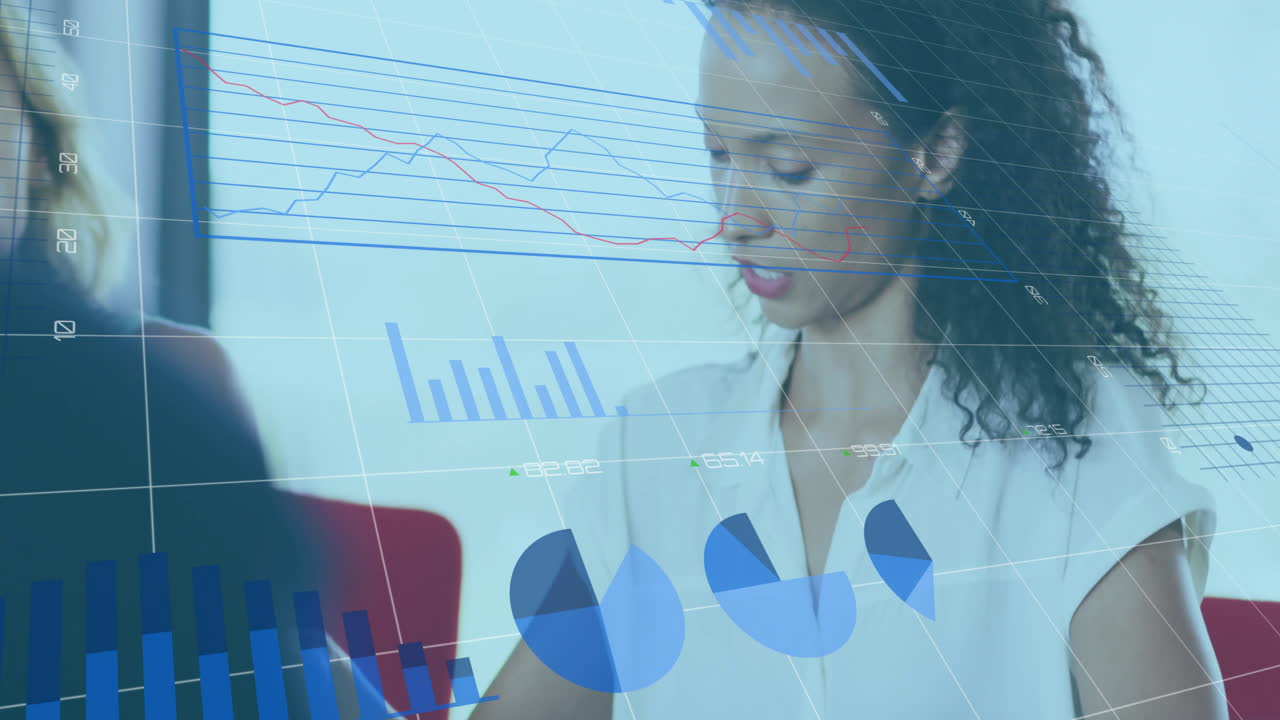 Animation of financial data processing over diverse colleagues discussing work in office