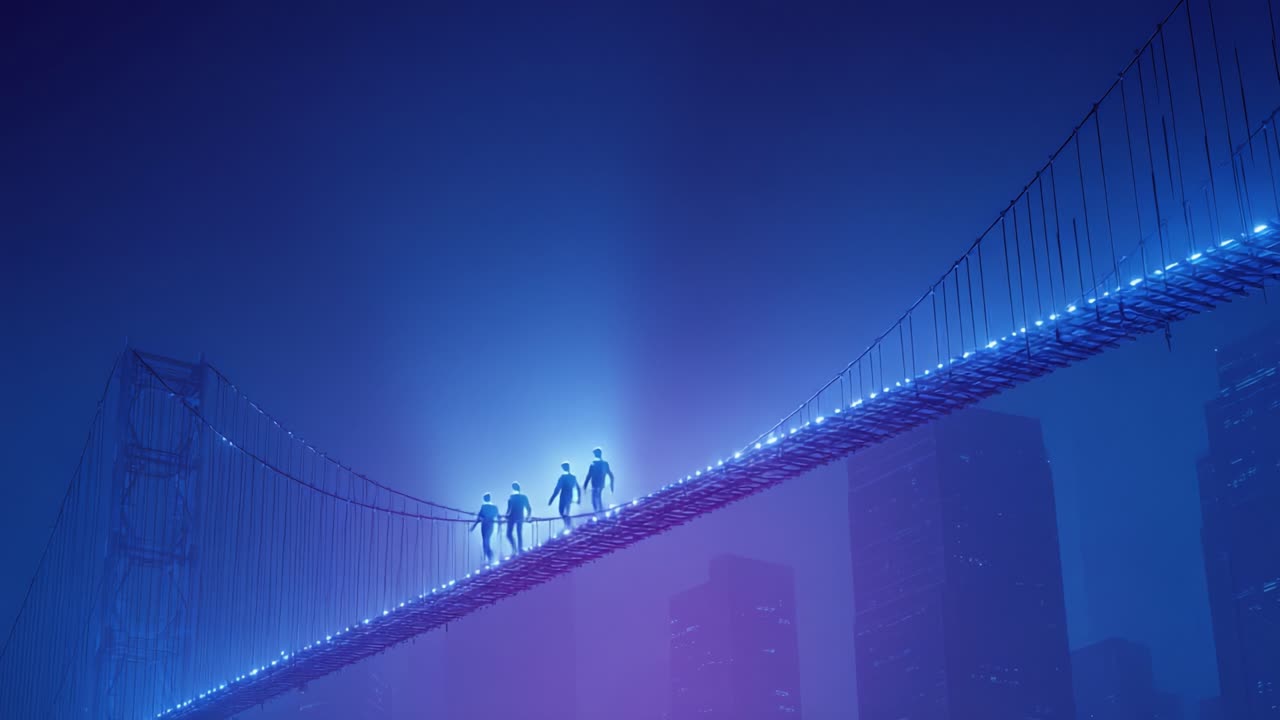 A group of silhouetted figures walk across a glowing bridge illuminated with blue lights, set against a backdrop of misty skyscrapers, showcasing a blend of urban beauty and ethereal atmosphere