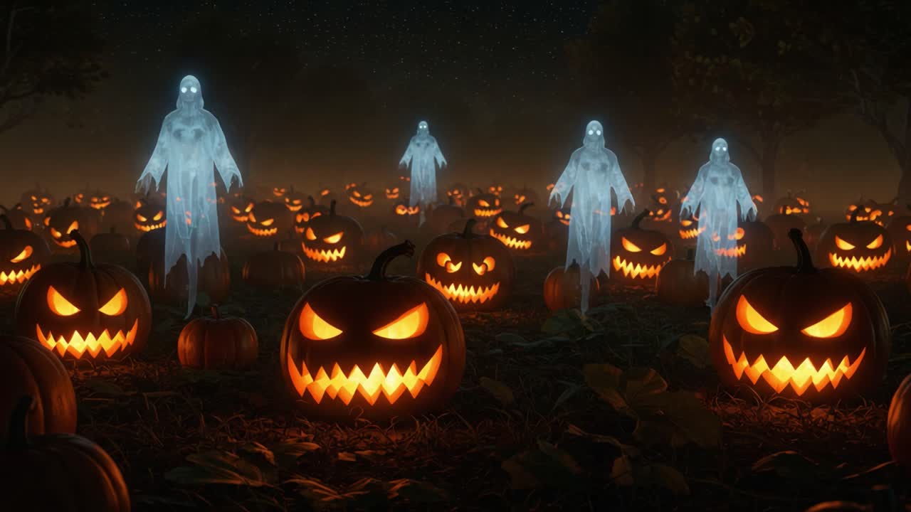 A Spooky Halloween Night Showcase: Enigmatic Ghosts Haunting the Pumpkin Patch Under a Starry Sky with Ominous Grins and Eerie Glow