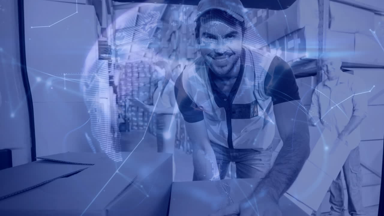 composición de almacén de hombre empacando cajas en una furgoneta combinada con animación de girar la oreja