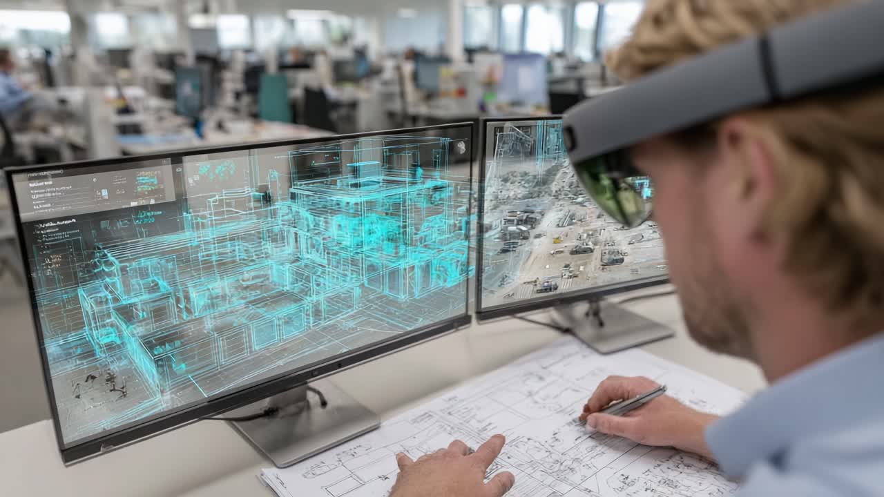 A professional using augmented reality glasses interacts with digital blueprints and 3D models on dual monitors while drafting architectural plans in a modern office environment
