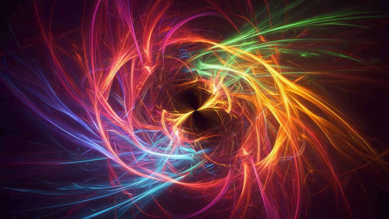 A Vibrant Showcase of Dynamic Energy: Swirling Patterns of Color and Light Intertwined in an Abstract Artwork Creating Captivating Visual Depth and Motion.