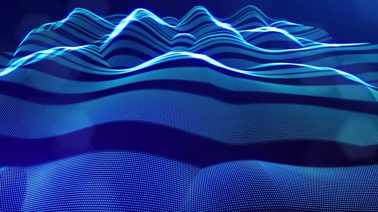 Sfondo blu high-tech con particelle luminose che formano una complessa struttura a strisce. Sfondo sci-fi 3D in loop, spazio digitale, con particelle che creano linee e onde superficiali. Concetto di flusso di informazioni hi-tech, blockchain. DOF.