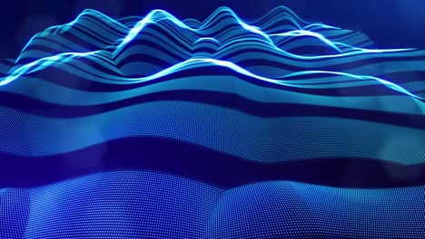 blue high tech bg with glow particles form complex stripe structure. 3d looped sci-fi bg digital space, particles form lines and surface waves. concept of hi-tech information flow, blockchain. dof