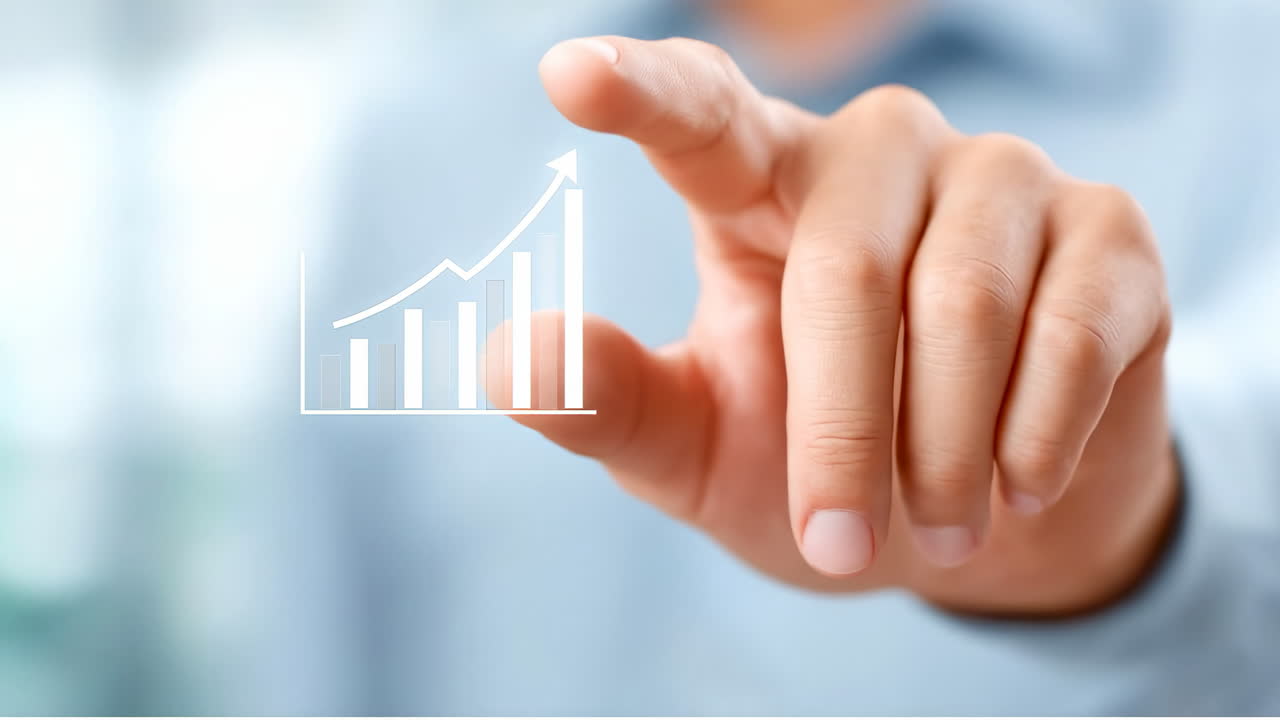 Pro using digital tools for data. A business professional interacts with a digital chart, assessing growth trends