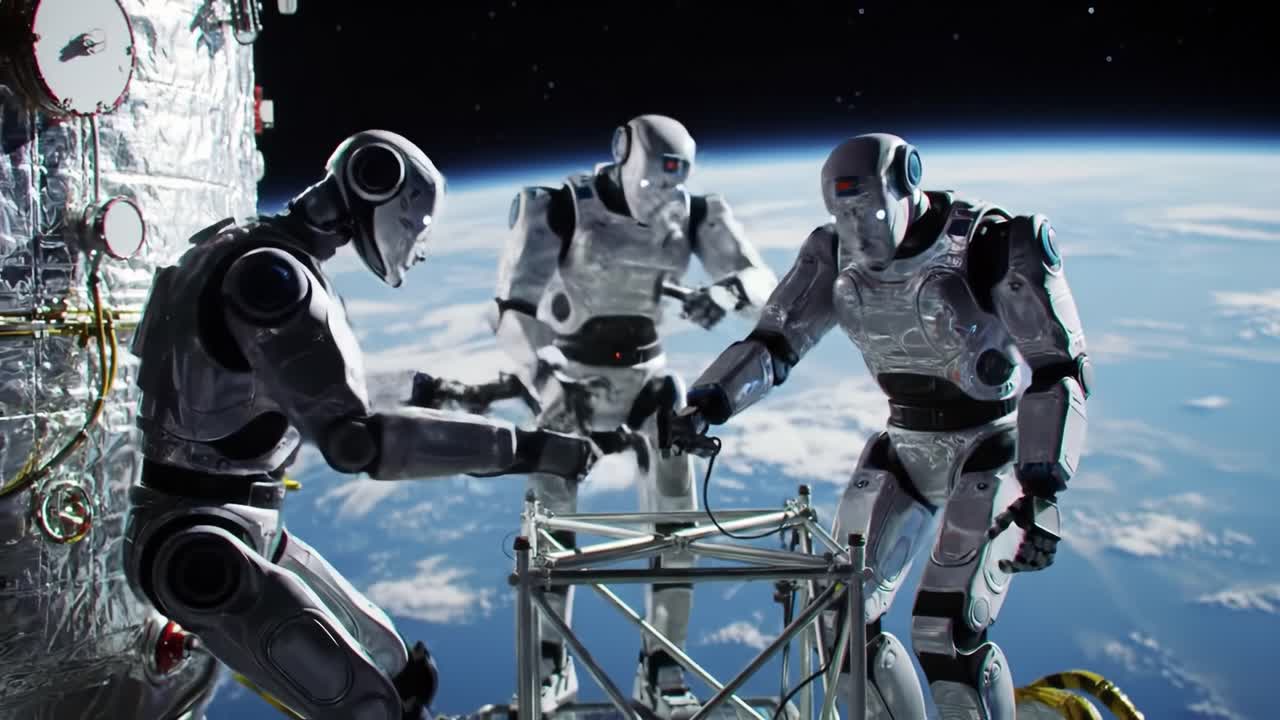 Three advanced robots work together on a space station, assembling equipment while Earth is visible in the background.