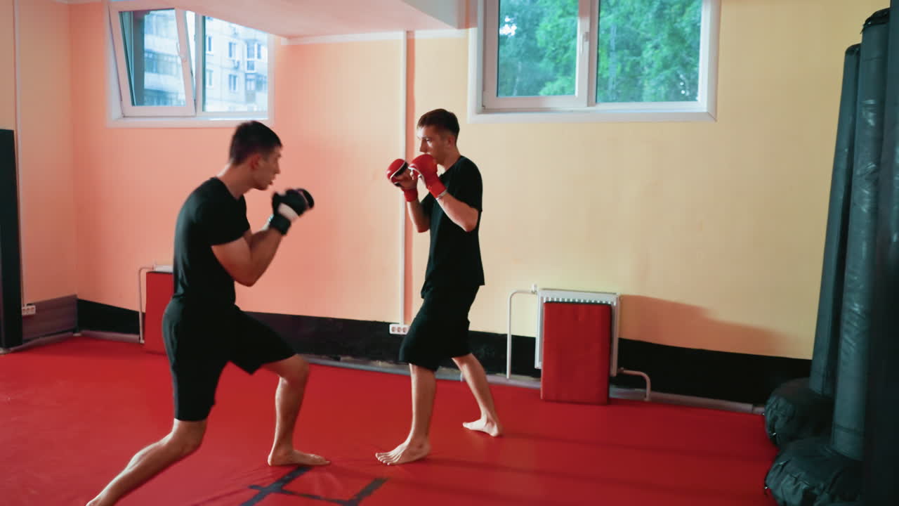 Boxers sparring on red mat inside gym, wearing gloves, fighting stance, maintaining guard, demonstrating focus, agility, strength, endurance, discipline, combat readiness, and athletic dedication