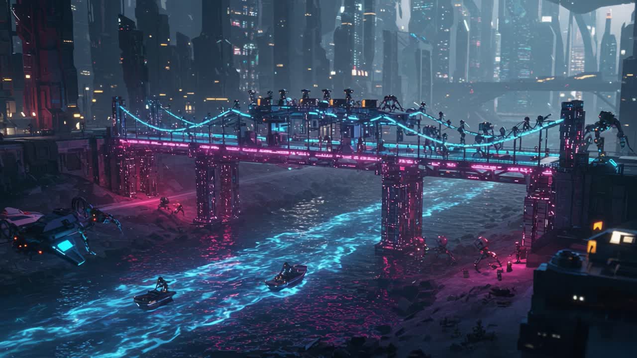 A Futuristic Neon Bridge Transcending Time: This Vibrant Cityscape Illuminates the Night with Intricate Hi-Tech Designs and Energetic Activity Along the Riverbank