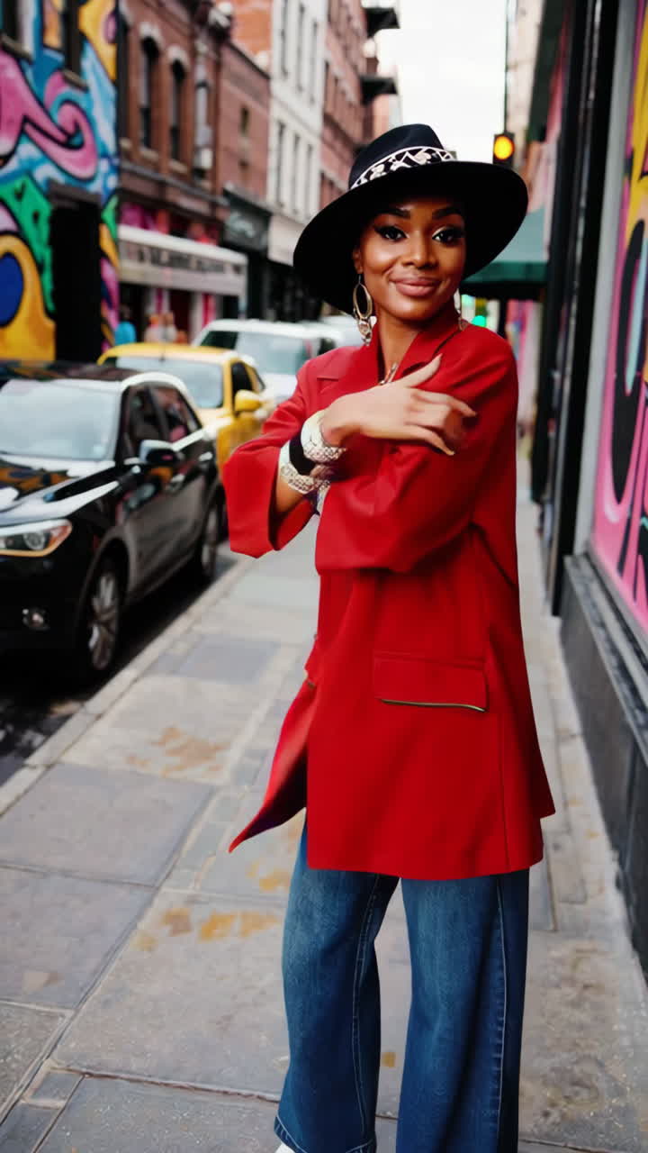 Donna elegante con blazer rosso e jeans a gamba larga