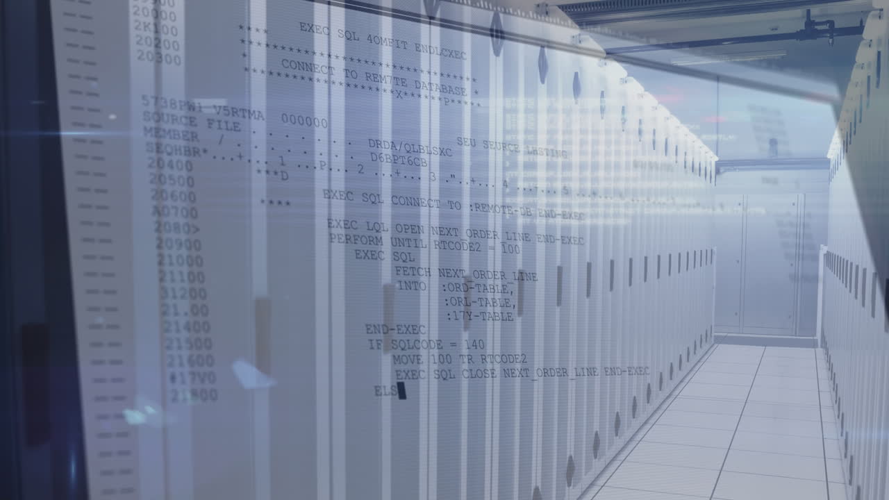 Animation of data processing over tech room with computer servers